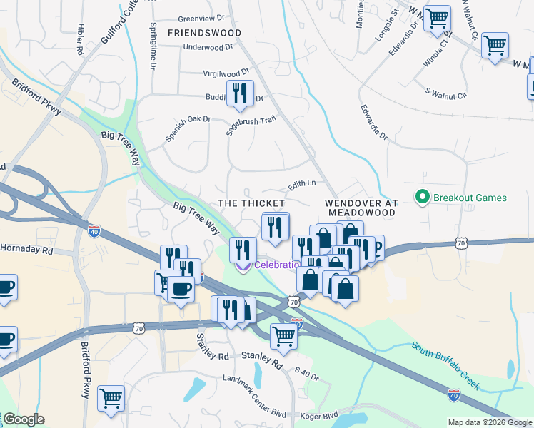 map of restaurants, bars, coffee shops, grocery stores, and more near 4340 Edith Lane in Greensboro