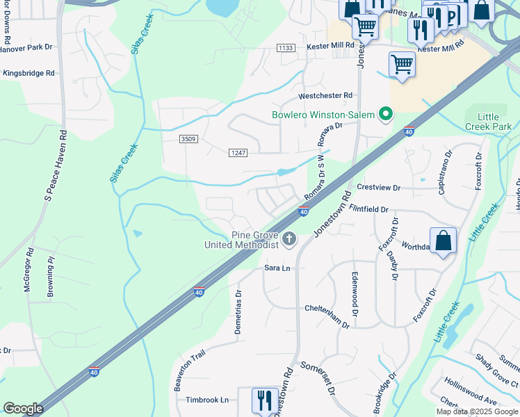map of restaurants, bars, coffee shops, grocery stores, and more near 1146 Augustine Heights Drive in Winston-Salem