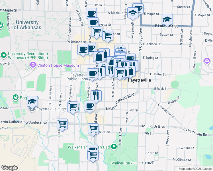 map of restaurants, bars, coffee shops, grocery stores, and more near 126 South Locust Avenue in Fayetteville