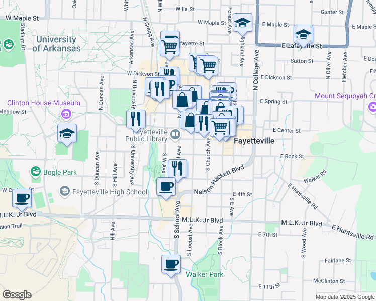 map of restaurants, bars, coffee shops, grocery stores, and more near 102 South School Avenue in Fayetteville