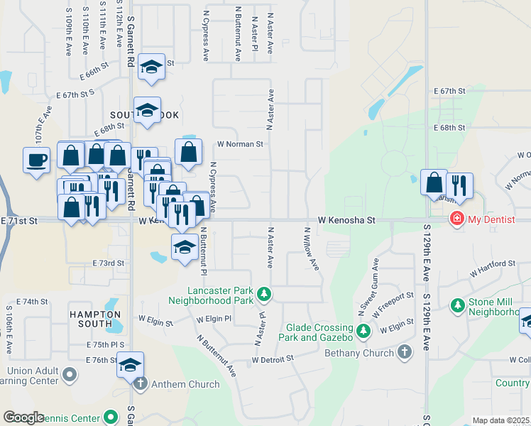 map of restaurants, bars, coffee shops, grocery stores, and more near in Broken Arrow