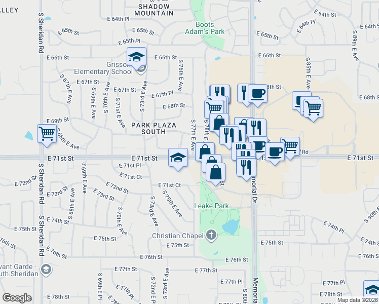 map of restaurants, bars, coffee shops, grocery stores, and more near 6925 South 76th East Avenue in Tulsa