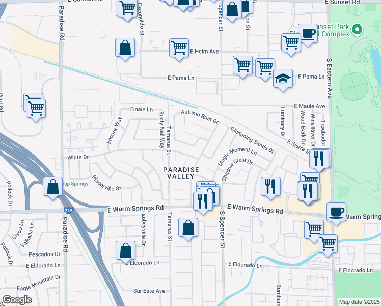 map of restaurants, bars, coffee shops, grocery stores, and more near 1582 White Drive in Las Vegas