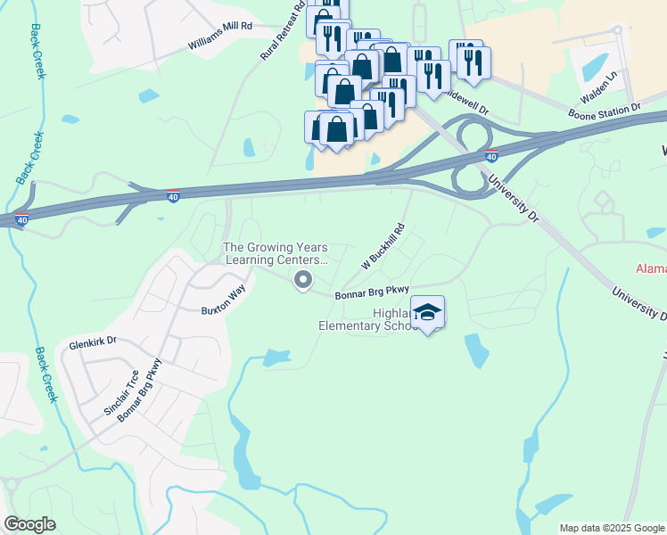 map of restaurants, bars, coffee shops, grocery stores, and more near 1100 Kelso Ln in Burlington
