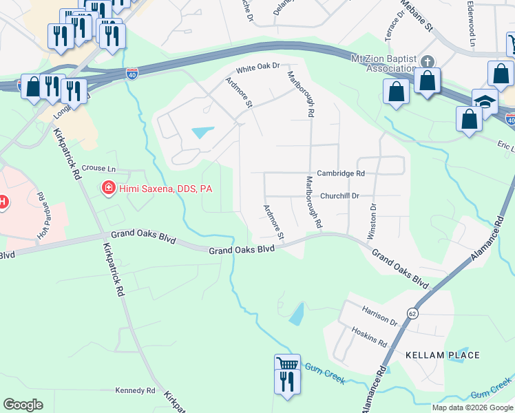 map of restaurants, bars, coffee shops, grocery stores, and more near 2709 Sturbridge Court in Burlington
