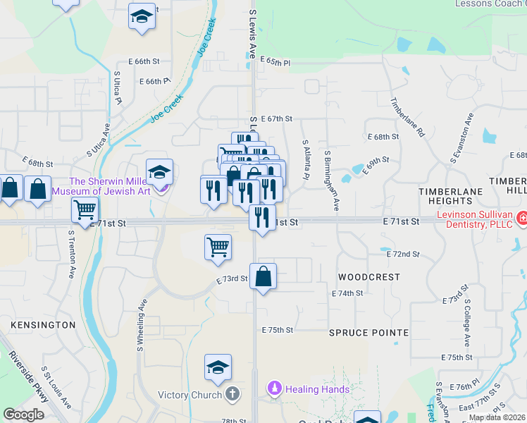 map of restaurants, bars, coffee shops, grocery stores, and more near 7015 South Lewis Avenue in Tulsa