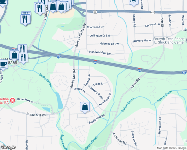 map of restaurants, bars, coffee shops, grocery stores, and more near 2107 New Castle Drive in Winston-Salem