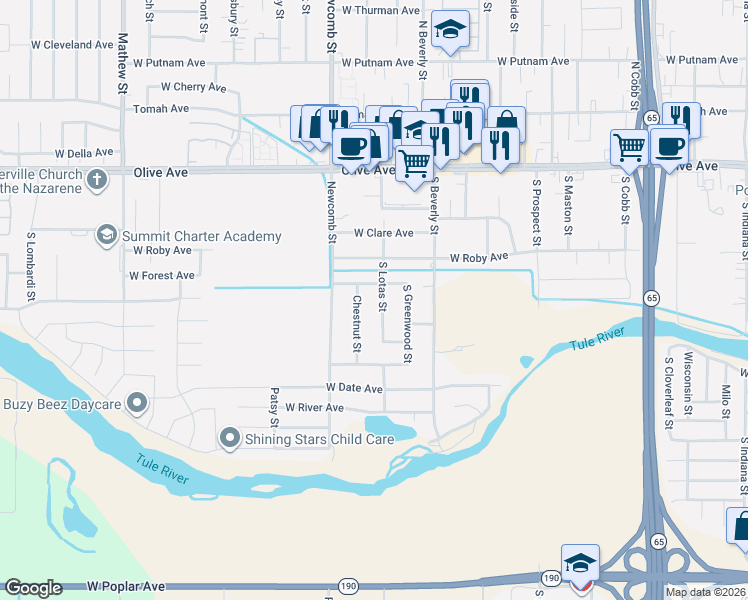 map of restaurants, bars, coffee shops, grocery stores, and more near 238 South Lotas Street in Porterville