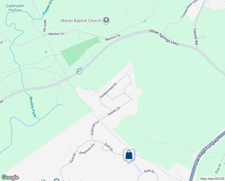 map of restaurants, bars, coffee shops, grocery stores, and more near 115 Timbercrest Drive in Oak Ridge