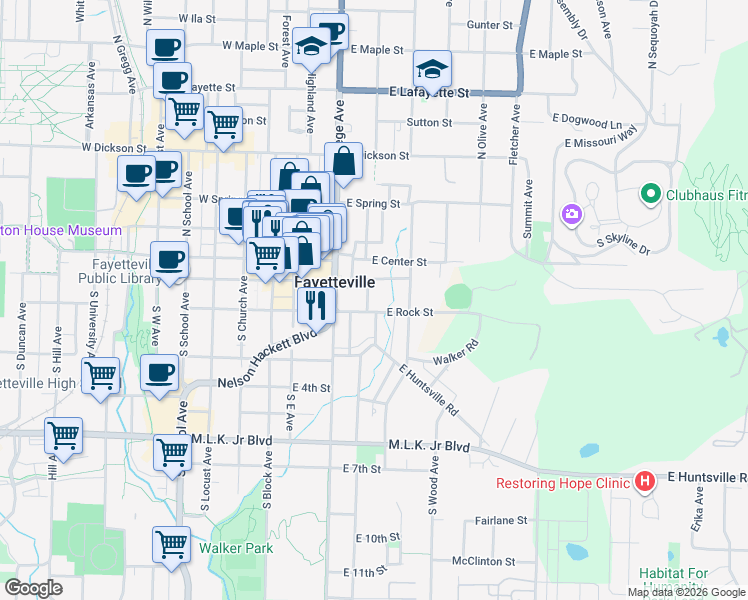 map of restaurants, bars, coffee shops, grocery stores, and more near 174 South Washington Avenue in Fayetteville