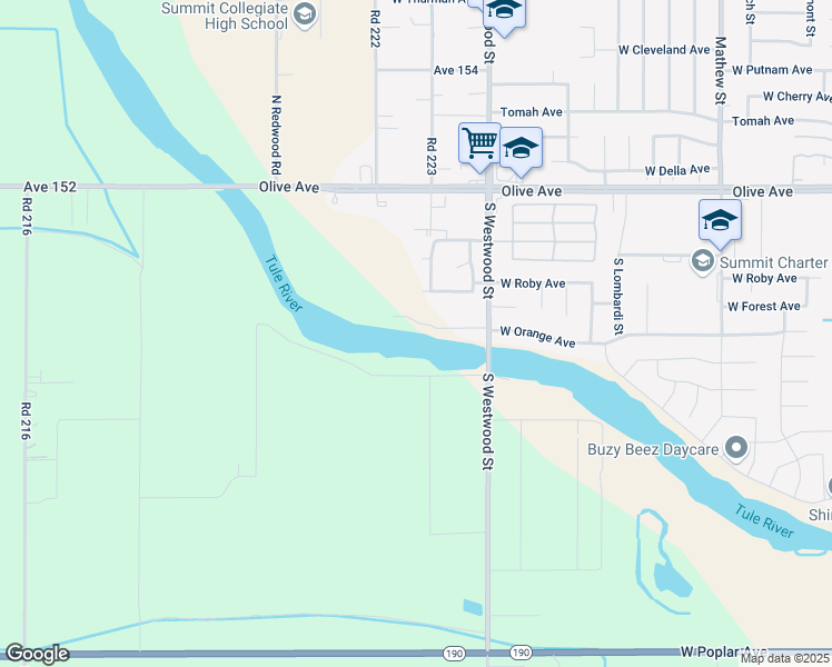 map of restaurants, bars, coffee shops, grocery stores, and more near 225 South Westwood Street in Porterville