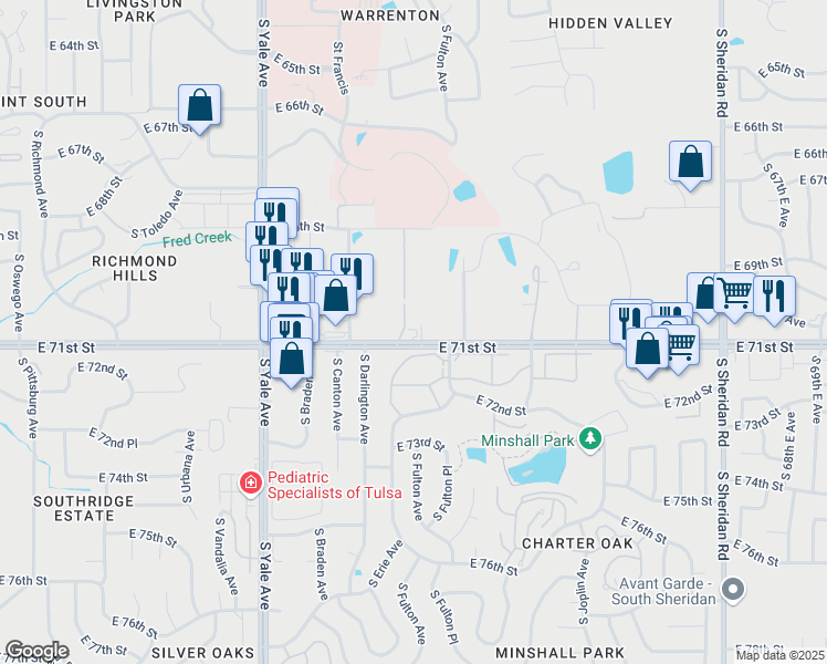 map of restaurants, bars, coffee shops, grocery stores, and more near 5401 East 71st Street in Tulsa