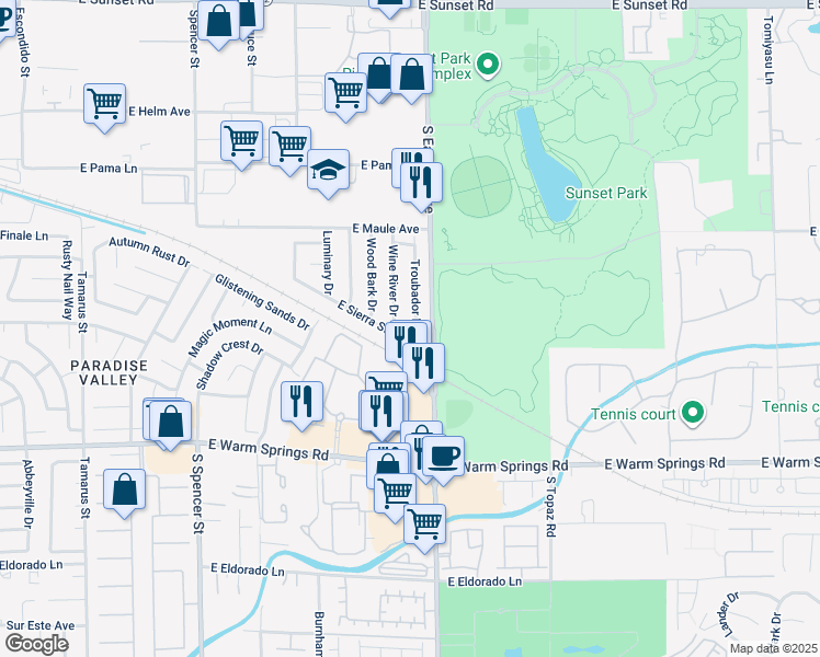 map of restaurants, bars, coffee shops, grocery stores, and more near 7065 Troubador Drive in Las Vegas
