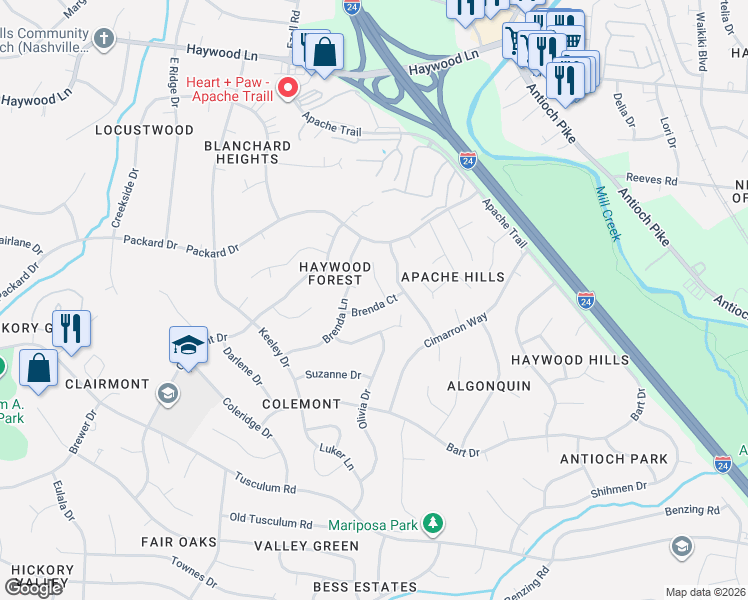 map of restaurants, bars, coffee shops, grocery stores, and more near 205 Brenda Circle in Nashville