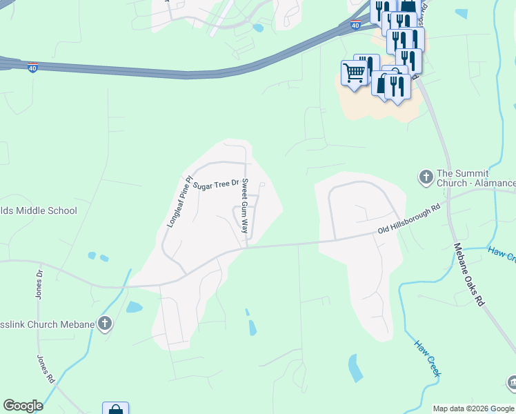 map of restaurants, bars, coffee shops, grocery stores, and more near 1309 Yellow Wood Drive in Mebane