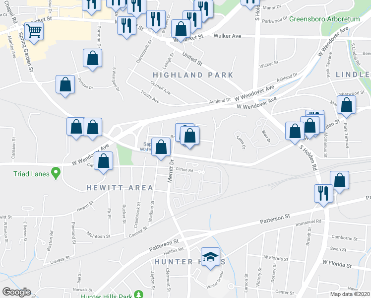 map of restaurants, bars, coffee shops, grocery stores, and more near 3612 Spring Garden Street in Greensboro