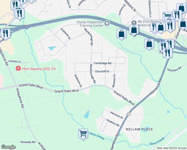 map of restaurants, bars, coffee shops, grocery stores, and more near 2536 Churchill Drive in Burlington