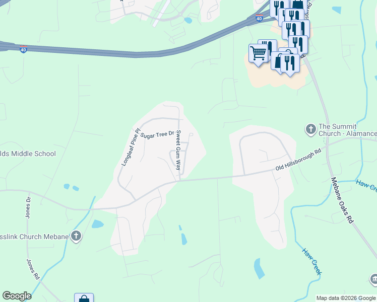 map of restaurants, bars, coffee shops, grocery stores, and more near 1309 Yellow Wood Drive in Mebane