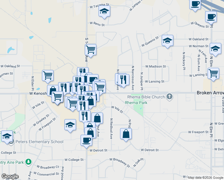 map of restaurants, bars, coffee shops, grocery stores, and more near 1900 West Kenosha Street in Broken Arrow