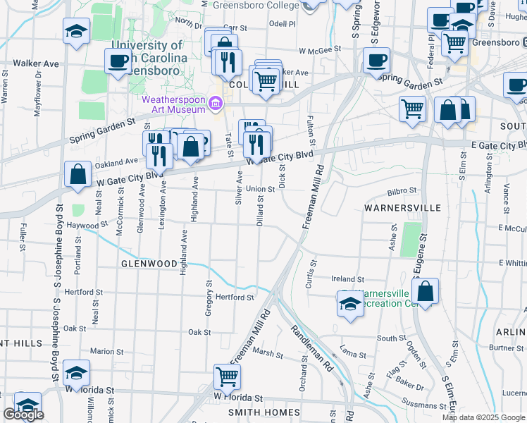 map of restaurants, bars, coffee shops, grocery stores, and more near 815 Dillard Street in Greensboro