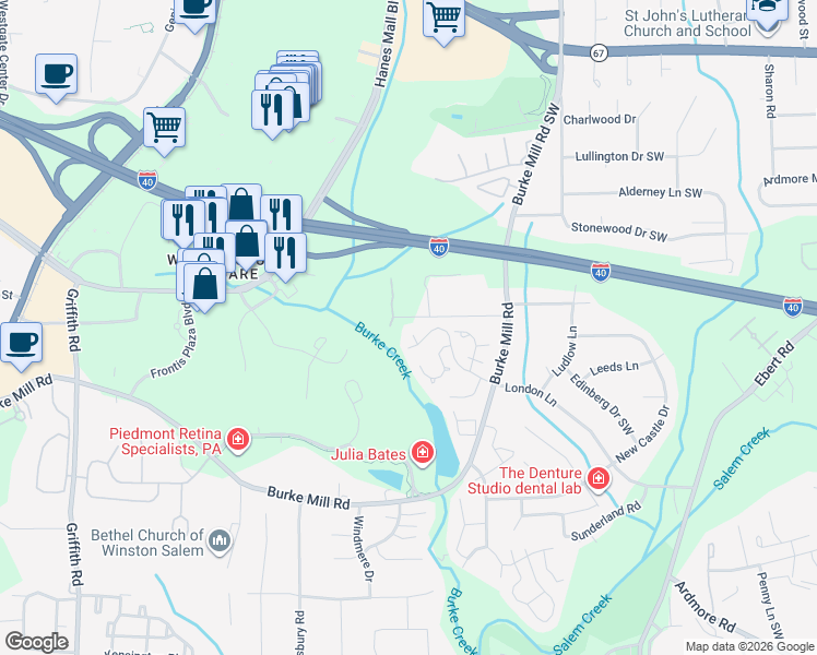 map of restaurants, bars, coffee shops, grocery stores, and more near 2106 Bradenton Court in Winston-Salem