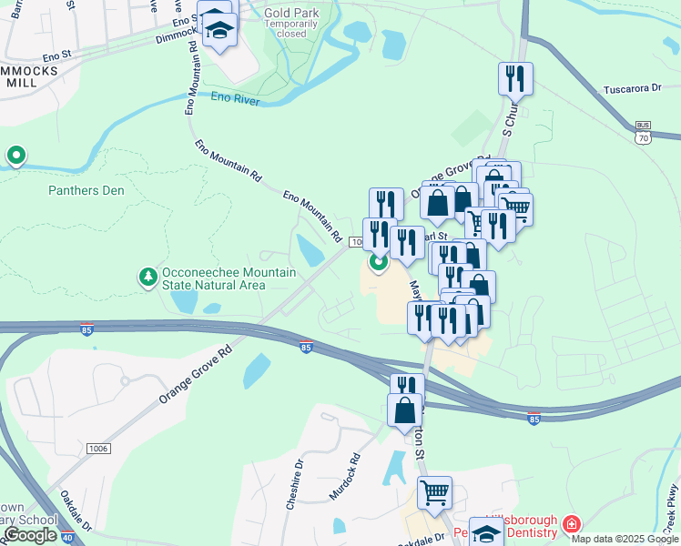 map of restaurants, bars, coffee shops, grocery stores, and more near 1812 Orange Grove Road in Hillsborough