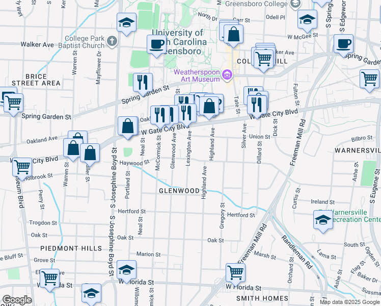 map of restaurants, bars, coffee shops, grocery stores, and more near 811 Lexington Avenue in Greensboro