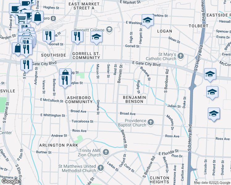 map of restaurants, bars, coffee shops, grocery stores, and more near 910 Reid Street in Greensboro