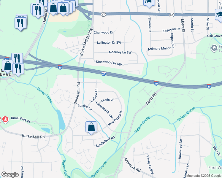 map of restaurants, bars, coffee shops, grocery stores, and more near 2129 New Castle Drive in Winston-Salem
