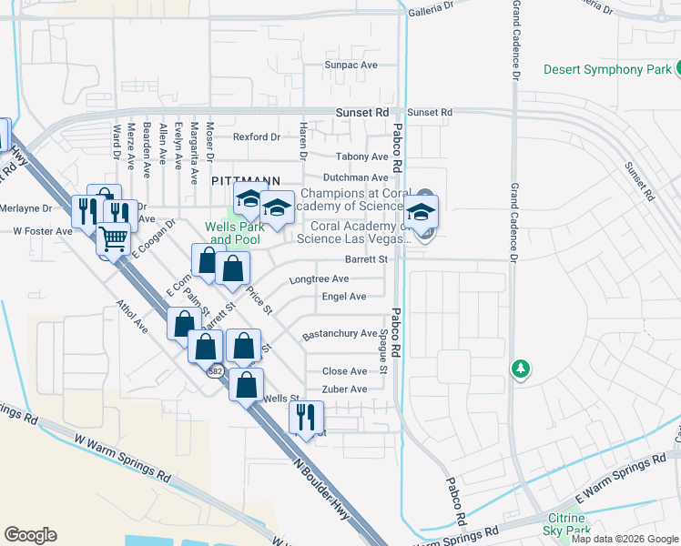 map of restaurants, bars, coffee shops, grocery stores, and more near 517 Longtree Avenue in Henderson