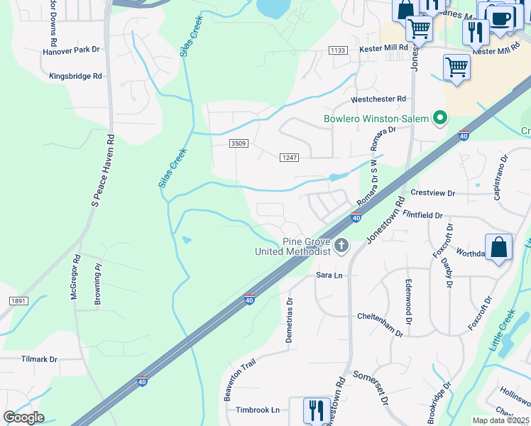 map of restaurants, bars, coffee shops, grocery stores, and more near 5531 Farm House Trail in Winston-Salem