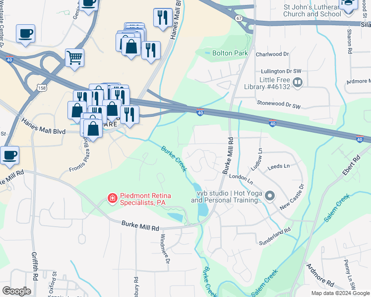 map of restaurants, bars, coffee shops, grocery stores, and more near 2106 Bradenton Court in Winston-Salem