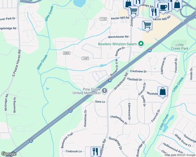 map of restaurants, bars, coffee shops, grocery stores, and more near 1085 Richmond Park Drive in Winston-Salem