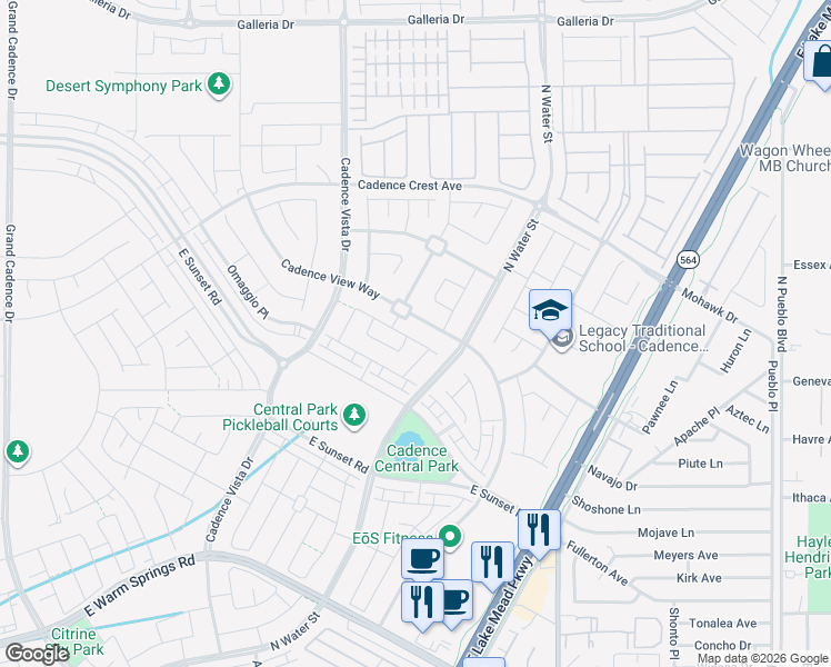 map of restaurants, bars, coffee shops, grocery stores, and more near 596 Cadence View Way in Henderson