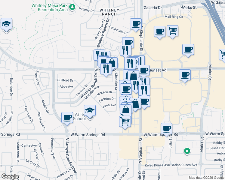 map of restaurants, bars, coffee shops, grocery stores, and more near 608 Grimsby Avenue in Henderson