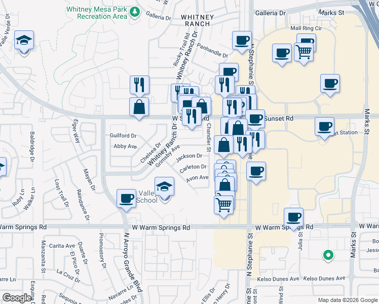 map of restaurants, bars, coffee shops, grocery stores, and more near 586 Grimsby Avenue in Henderson