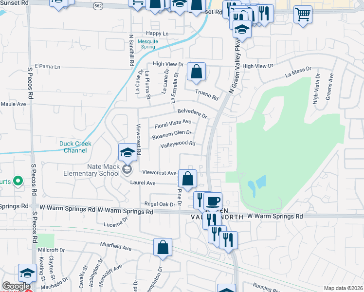 map of restaurants, bars, coffee shops, grocery stores, and more near 3121 Valleywood Road in Henderson