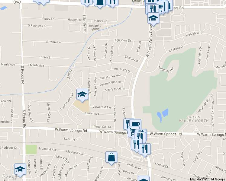 map of restaurants, bars, coffee shops, grocery stores, and more near 3121 Valleywood Road in Henderson