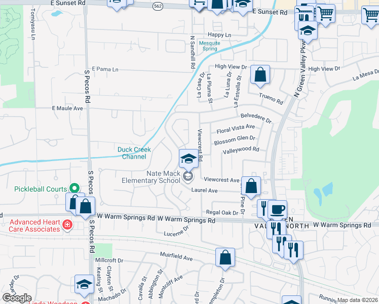 map of restaurants, bars, coffee shops, grocery stores, and more near 10 Pheasant Ridge Circle in Henderson
