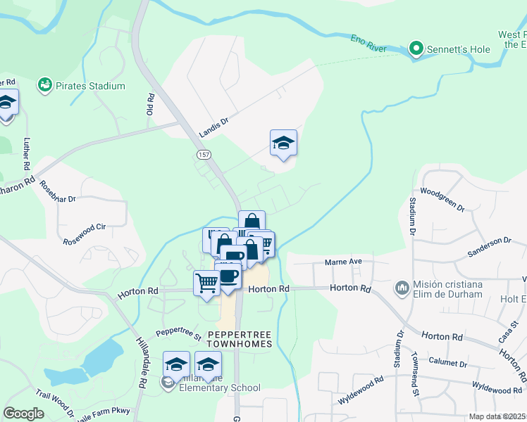 map of restaurants, bars, coffee shops, grocery stores, and more near 1312 Nicklaus Drive in Durham