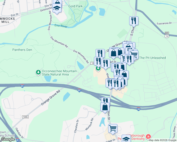 map of restaurants, bars, coffee shops, grocery stores, and more near 1812 Orange Grove Road in Hillsborough