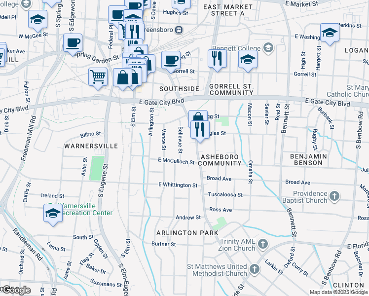 map of restaurants, bars, coffee shops, grocery stores, and more near 823 Bellevue Street in Greensboro