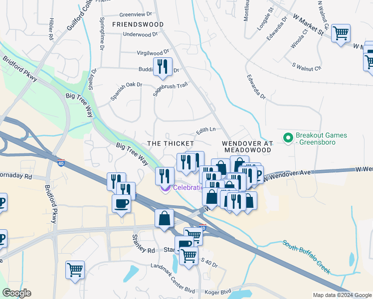 map of restaurants, bars, coffee shops, grocery stores, and more near 4340 Edith Lane in Greensboro