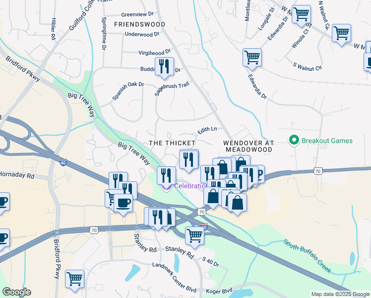 map of restaurants, bars, coffee shops, grocery stores, and more near 4340 Edith Lane in Greensboro