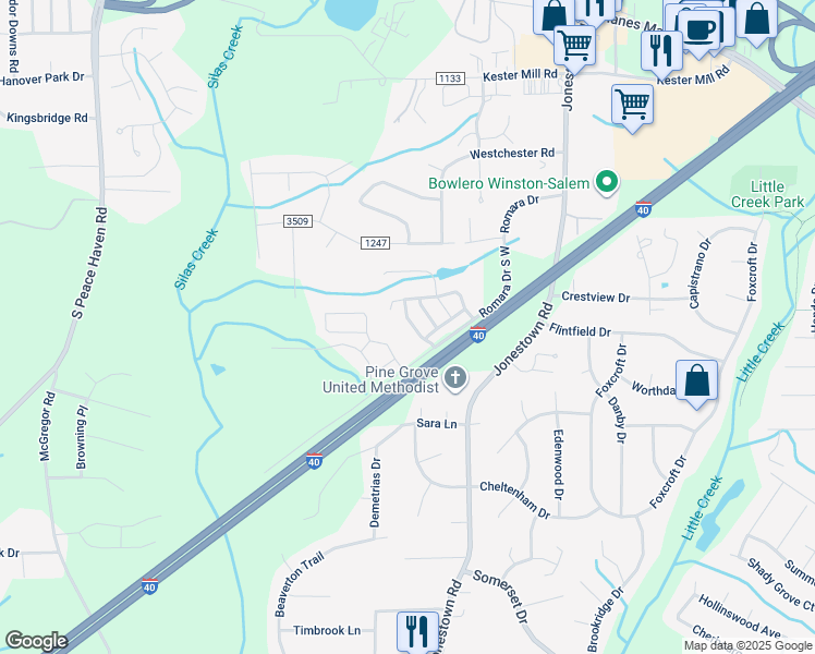 map of restaurants, bars, coffee shops, grocery stores, and more near 1146 Augustine Heights Drive in Winston-Salem