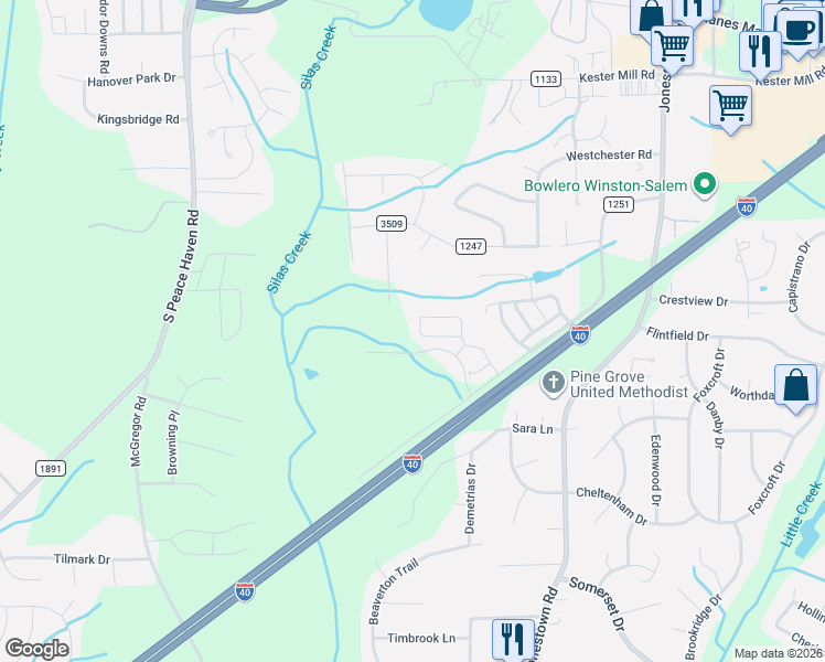 map of restaurants, bars, coffee shops, grocery stores, and more near 4929 Romara Drive in Winston-Salem