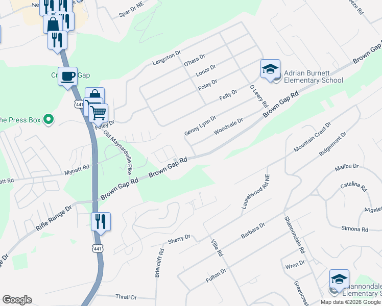 map of restaurants, bars, coffee shops, grocery stores, and more near 4105 Genny Lynn Drive in Knoxville