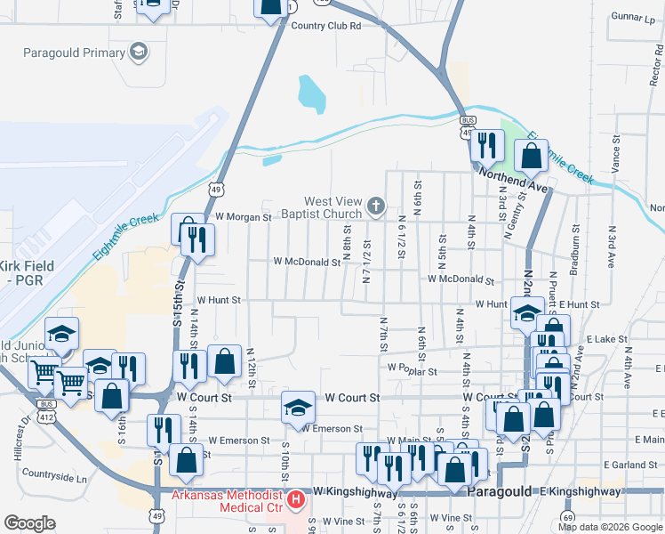 map of restaurants, bars, coffee shops, grocery stores, and more near 600 North 8th Street in Paragould
