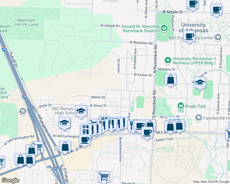 map of restaurants, bars, coffee shops, grocery stores, and more near 1849 Nettleship Street in Fayetteville