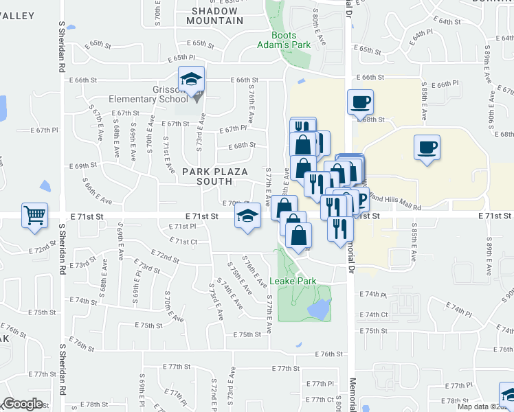 map of restaurants, bars, coffee shops, grocery stores, and more near 6925 South 76th East Avenue in Tulsa